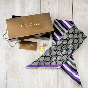 GUCCI 100% Silk Monogram Gray & Purple Stripe Skinny Neck Scarf w/Box & Ring